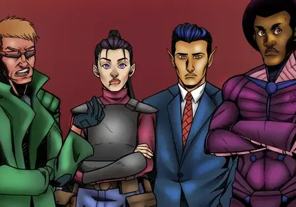 Four serious-looking characters in colorful outfits stand side by side, a miniature dragon perched nearby against a red background.