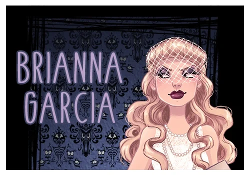 Illustration of a woman with long blonde hair in vintage attire next to the text "BRIANNA GARCIA.