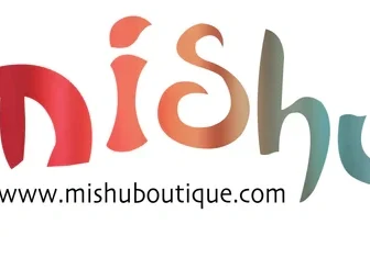 Stylized "mishu" logo with a gradient from red to green, includes website URL www.mishuboutique.com.