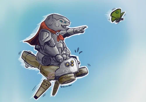 A cartoon elephant, donning a red cape like a whimsical paladin, rides a wooden horse and points at a green butterfly against a blue backdrop.