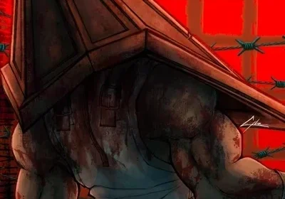 A muscular figure with a large metal pyramid helmet stands in front of red-lit windows and barbed wire.