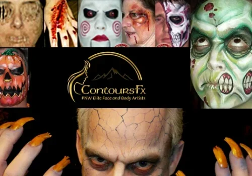 Collage of creepy Halloween face paint and Face Painting designs with "ContoursFx" logo in the center.