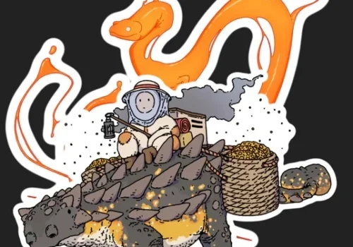 A small astronaut reads on a spiky dinosaur carrying gold, with an orange serpent floating above them, inspired by Curtis Lanaghan.