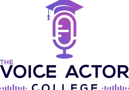 Logo of a purple microphone wearing a graduation cap. Text reads "The Voice Actor College," emphasizing skilled vocal talents.