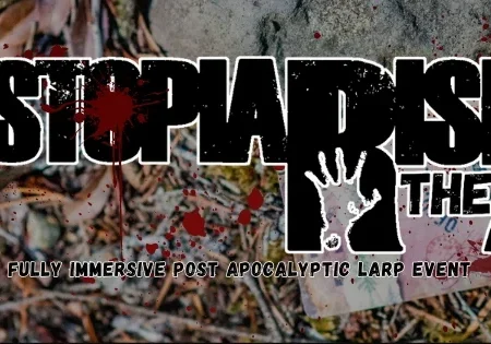 Grunge-style banner for "Dystopia Rising: The Anvil," a post-apocalyptic LARP event featuring gritty blood splatter effects.