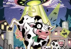 A cow with a ufo flying over it.