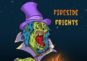 Cartoon zombie in a purple hat roasting a marshmallow over a fire, with text: "Crypticon Seattle Fireside Frights & chilling stories.