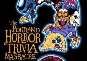 A large, blue, monster-shaped question mark with cartoon horror characters and the text "Portland Horror Trivia Massacre.