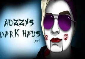 An image of a clown with sunglasses and the words'buzzy's dark house'.